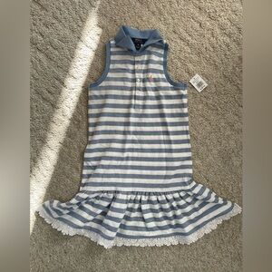 Ralph Lauren Collared Striped Ruffle Dress 8-10 (M) Blue
